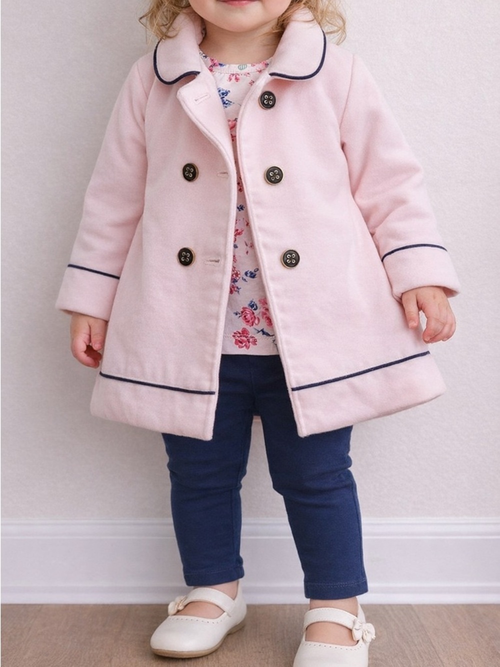 Little Me girls' light pink peacoat with navy blue trim 24m